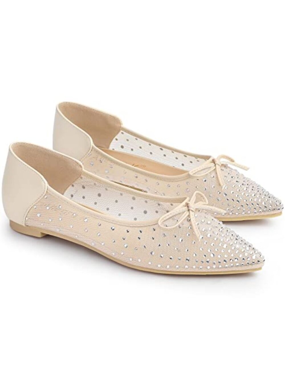 Women's Rhinestone Mesh Ballet Flats Pointed Toe Bow Slip-On Low Heels Party